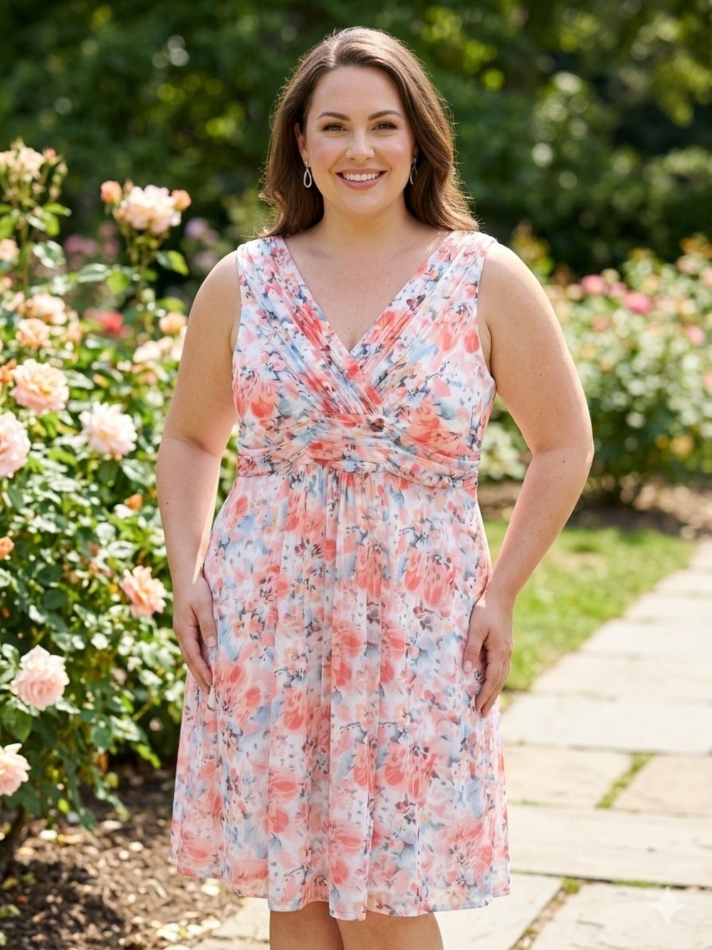 cleo Coral and Blush Floral V‑Neck Midi Dress